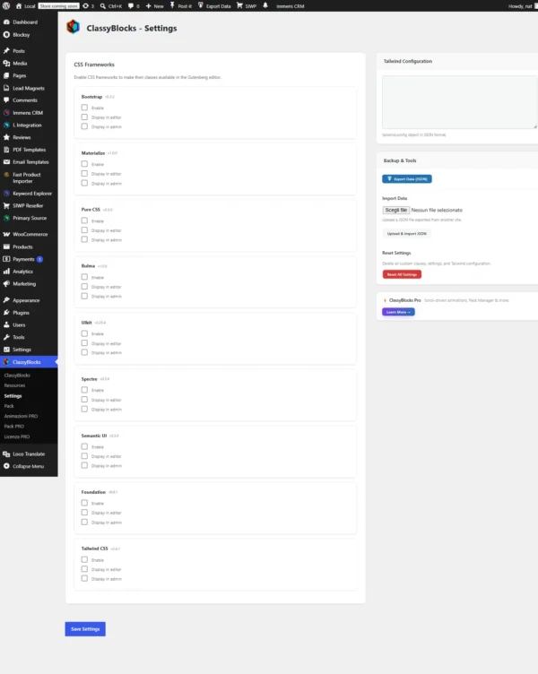 ClassyBlocks Pro - Impostazioni Impostazioni di ClassyBlocks Pro per Gutenberg