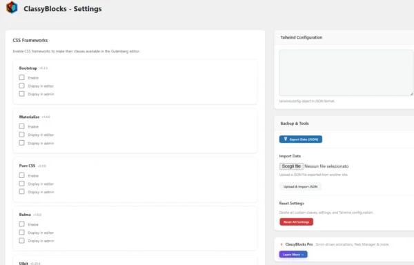 Impostazioni di ClassyBlocks Pro per Gutenberg