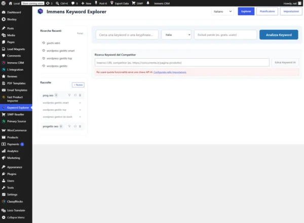 Immens Keyword Explorer - Dashboard Keyword research con AI per WordPress