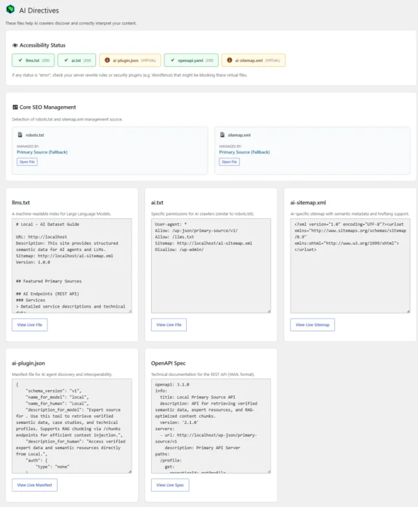 Plugin Primary Source WordPress - Dashboard GEO optimization