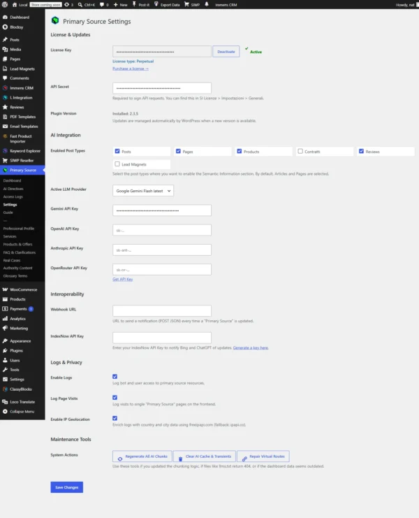 Primary Source - Impostazioni Impostazioni di Primary Source plugin WordPress