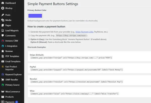 Simple Pay payment buttons configuration