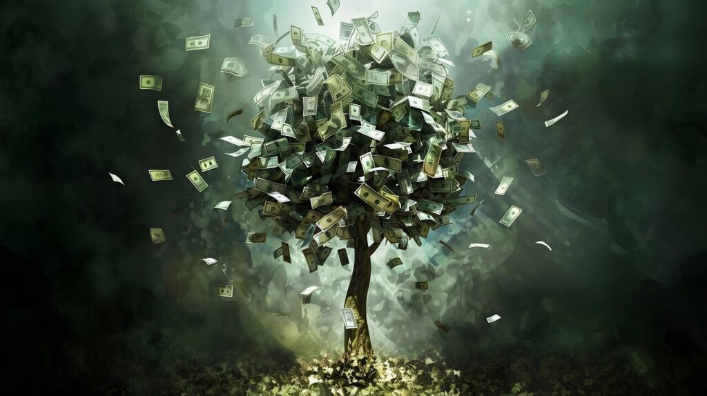 ai generated, money tree, fantasy, background, nature, wallpaper, landscape, money, finance, cash, wealth, tree